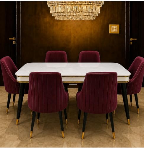 Image of WOODEN SPACE 6-Seater Wooden Dining Table Set | Nano Composite Marble Top | Solid Wood Base | Modern Dining Room Furniture with 6 Chairs (Maroon Infinity Backline)
