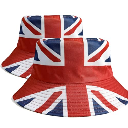 Union Jack Bowler Hats - Patriotic VE Day British Red/White/Blue Hat Double-Side Reversible British Flag Bucket Cap (2Pack-D)