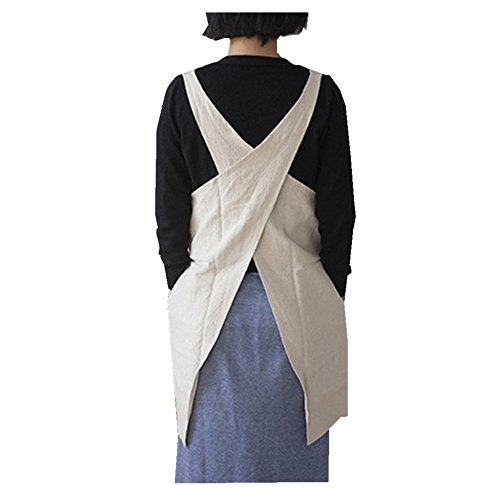 Aobbybbs Soft Cotton Linen Apron Solid Color Halter Cross Bandage Aprons Japanese Style X Shape Double Pockets Kitchen Cooking Clothes Gift For Women Chef Housewarming -Beige #TOP2