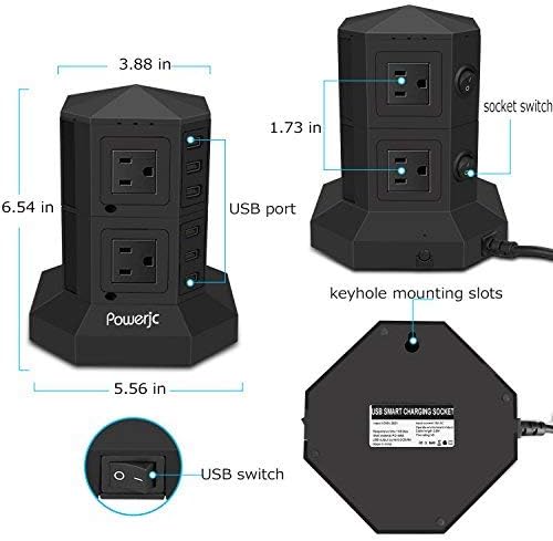 Tower Power Strip Surge Protector 8 AC Outlets with 6 USB Ports Chargers 10 Feet Long Extension Cord Indoor Black-Powerjc