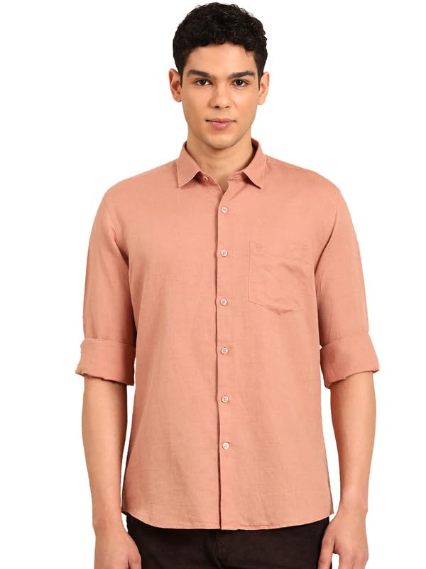 Image of Linen Club Men's Pure Linen Olive Solid Contemporary Fit Full Sleeve Casual Shirt