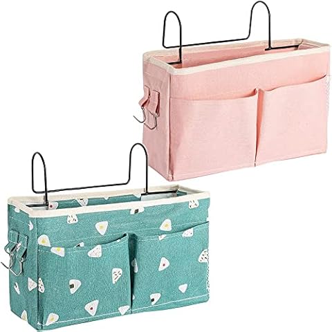 2 Pieces Bed Pockets Baskets, Dormitory Bedside Storage Pockets, Bed Pocket Baskets, Dormitory Bed Organiser, Large Bedside Hanging Storage Bag with Hook, for Magazines, Remote, Mobile (2 Styles) Cover