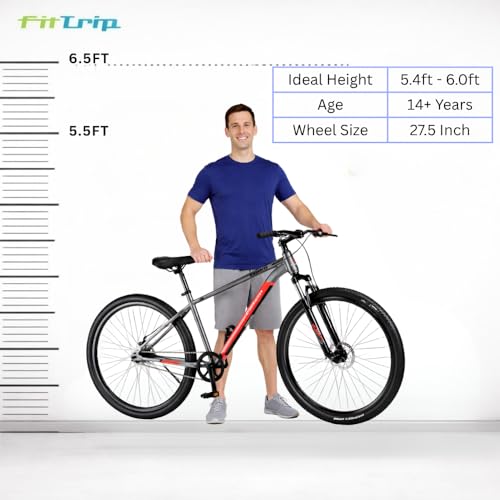 Image of FitTrip Scrambler 27.5 Inch MTB Cycle Single Speed for Men | Mountain Bicycle | Dual Disk Brakes | Tuffshox Suspension | Hartex Tyres | Unisex | Fully Fitted (LiquidMetal-Red)