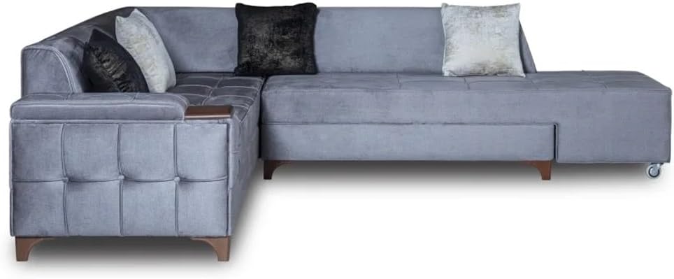 Sectional Sofa Chaise Grey Fabric Wooden Cushion Couch Tufted Seat Pillows Waterproof