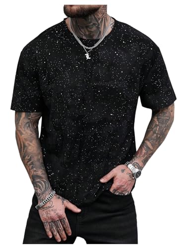 SOLY HUX Mens Glitter T Shirt Short Sleeve Crew Neck Tee Casual Summer Tops Streetwear Black Large