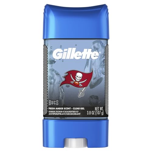 Image of Gillette Tampa Bay Bucs Antiperspirant&Deodorant, 72hr Instant Sweat&Odor Protection, Long Lasting Freshness&Protection, AntiWhite Mark Technology, ClearGel, Fresh Amber Scent, 3.8 Ounce (Pack of 12)