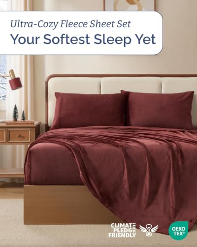 Image of Fleece Sheets King Size Set - 4-Piece Velvet Flannel Sheet Set - Burgundy