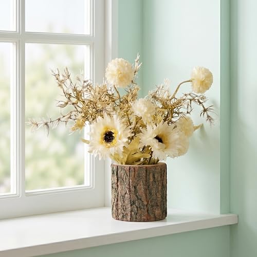 Image of Dekorly Artificial White Dry Daisy Flower with Real Wooden Vase (28CM Overall Height) | Decorative Lifelike Faux Floral Plant in Rustic Tree Log Pot for Living Room (White Dry Daisy)