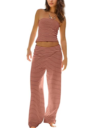 MISSACTIVER Women Two Piece Sets Striped Matching Outfits Strapless Crop Tube Top and Elastic Waist Wide Leg Pants Set