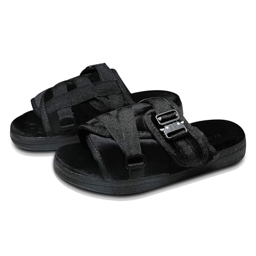 DracoSlides Remastered Slides for Men and Women - Covered in Premium Velour with Adjustable Straps Ideal for Wide/Narrow Feet, Sandals with Arch Support & Slip Resistant, Men & Women Footwear, Black