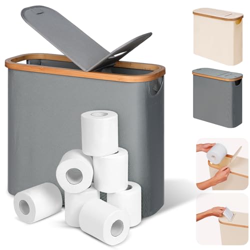 efluky 28L 2-in-1 Toilettenpapier Aufbewahrung Korb aus Bambus mit Papierauslass, Toilet Paper Organizer, Klopapier Aufbewahrung mit Deckel, Faltbarer Aufbewahrung Box für Badezimmer, WC (Grau) 1