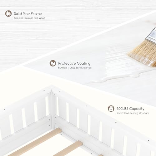 Bellemave Twin Floor Bed Frame with Fence & Bookshelf, Solid Pine Wood Twin Montessori Floor Bed with Slats Load 300LBS, Low Profile Floor Bed for Kids, Bedroom, Nursery, Easy Assembly, White by Bellemave - Used condition - Image 7