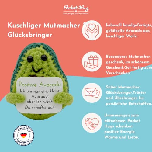 Pocket Hug Positive Avocado · Mutmachergeschenk für Freunde, Familie und Kollegen · Kreative Avocadofigur · Motivationsgeschenk & Glücksbringer deutsch · Handmade Woll-Avocado inkl. Zubehör