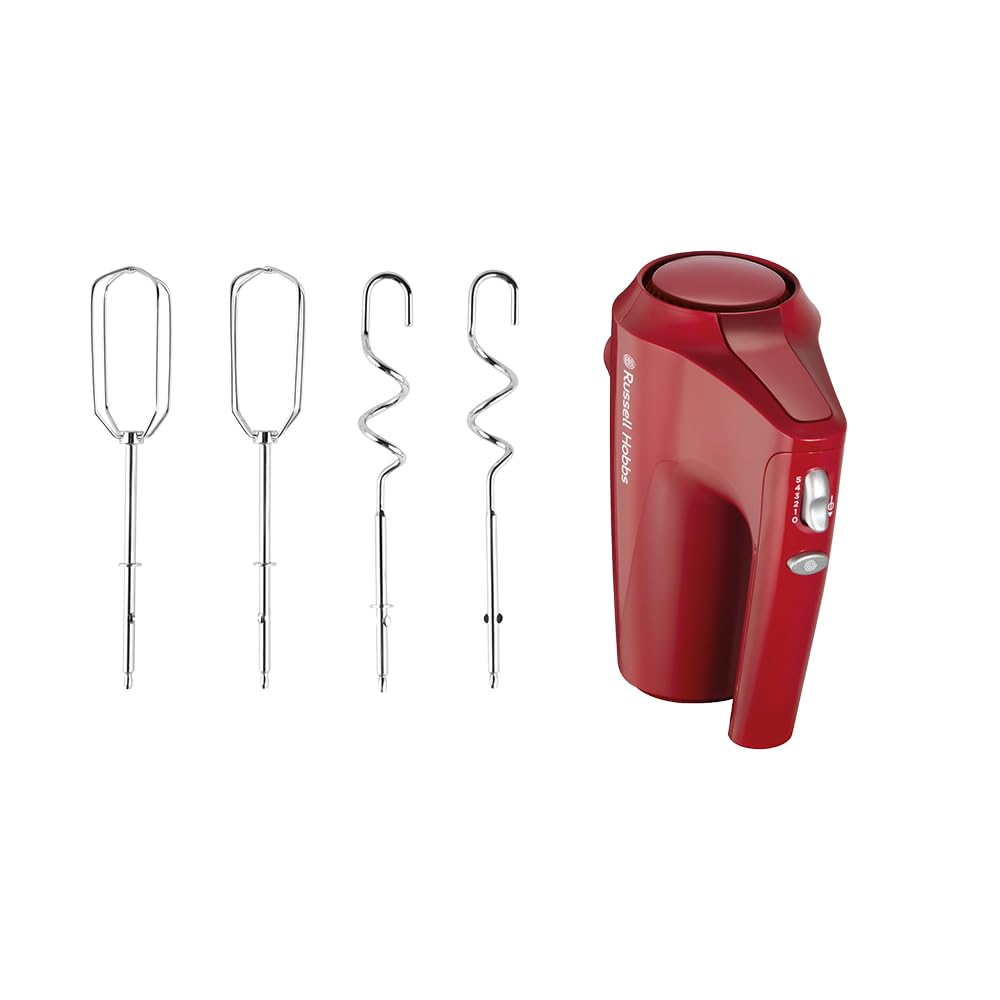 Russell Hobbs Sbattitore Desire Rosso (5 velocità + funzione Pulse, 2 fruste e 2 ganci impastatori cromati lavabili in lavastoviglie, Supporto per ciotola e base d’appoggio, 350W)27152-56