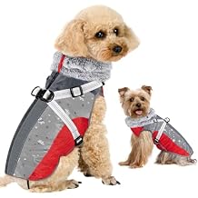 SlowTon Dog Jacket with Harness Built in - Waterproof Fleece Winter Warm Dog Coats for Small Medium Dogs, Reflective Adjustable Furry Puppy Vest Clothes for Outdoor Walking Red & Black,S