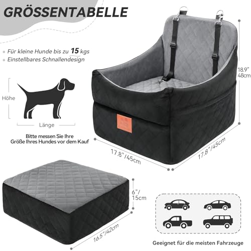 GL GLENSLAVE Hunde-Autositz für kleine/mittlere Hunde, Hundeautositz mit Dicker Polsterung unter 35 lbs, Abnehmbarer, waschbarer Autositz für Haustiere (Schwarz/Grau)