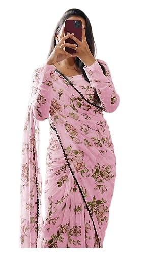 Sidhidata Women's Georgette Digital Printed Ready To Wear one Minute Saree With Unstitched Blouse Piece (X Pink)