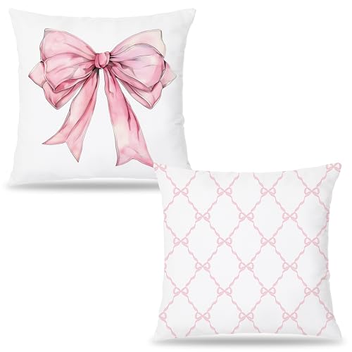 Image of Pleonox Coquette Pink Bow Pillow Covers 18x18 Set of 2, Coquette Room Decor, Pink Preppy Pillow Covers, Preppy Room Decor, Girly Bedroom Decor