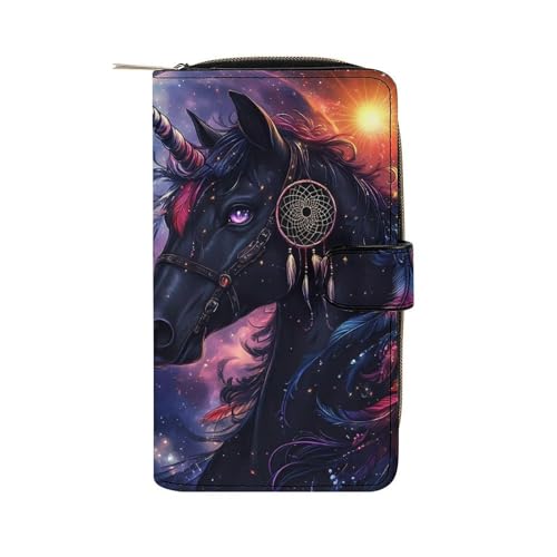 Un-icorn Black Horse Fantasy Womens PU Leather Wallet Long Purse Clutch Organizer for Office Travel