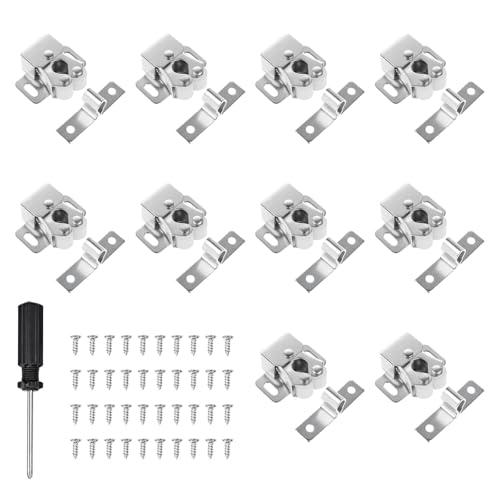 10 Stück MöBelschnäPper, SchranktüR Doppel RollenschnäPper, Schrankverschlüss Mit Schrauben, TüRschnapper Für Schranktüren Schnappverschluss Mit 1 Schwarz 4mm-Kreuzschlitzschraubendreher (Nickelfarbe)