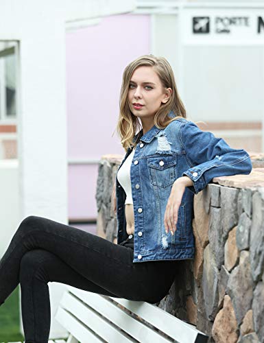 Dilgul Women's Ripped Distressed Casual Long Sleeve Basic Button Down Denim Jean Jacket Blue Xl #TOP3