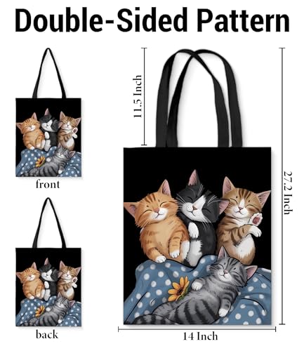 Image of Cute Cat Canvas Tote Bag for Women， Aesthetic Reusable Shoulder Bag for Shopping Travel Work