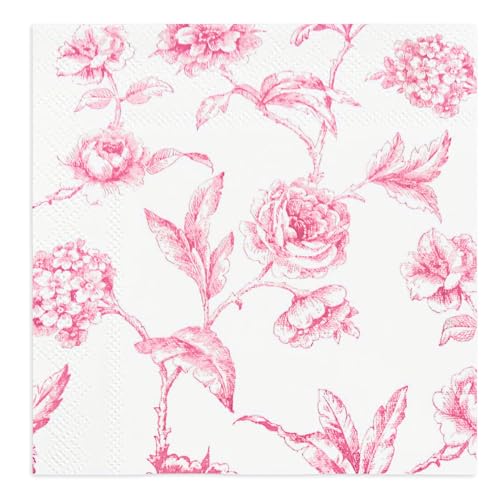 Stxy's 3-PLY Pink Floral Napkins (60ct) (Smudge Free & Food Grade Ink) Toile Pink and White Floral Cocktail Napkins Flower Cocktail Napkin for girls baby shower, Decoupage, girly birthday party decor