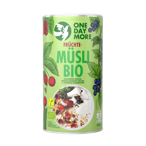 OneDayMore Früchte Müsli | 400g Vegan Fit Musli Frühstück | Viele Früchte Haferflocken Aus 100% Natürlichen Zutaten | Muesli mit Kirschen Kokosnussflocken Aprikosen | Zuckerfrei Cover