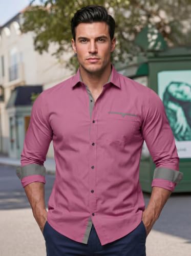 Image of Men's Cotton Blend Shirt with Solid Long Sleeves Spread Coller Neck Regular Fit Single Chest Pocket and Standard Length | Cotton Casual Shirt for Man
