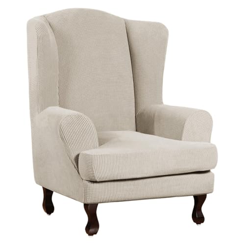 Image of Turquoize Wingback Chair Covers 2 Piece Wing Chair Slipcover Stretch Slipcovers for Wingback Chairs Wing Chair Cover Spandex Jacquard Fabric with Elastic Bottom Non-Slip Furniture Cover, Island Fossi