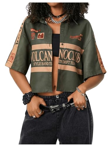 SOLY HUX Women's Summer Button Down Vintage Shirt Short Sleeve Graphic Crop Tops Motorcycle Blouse