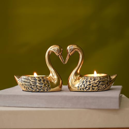 Image of BEHOMA Aluminium Pair of Love Swans with 2 Tea Lights, Golden | Decorative Romantic Showpiece for Home Decor Tabletop,Desktop, Cabinets|Festival Anniversary Wedding Birthday Couple Gift