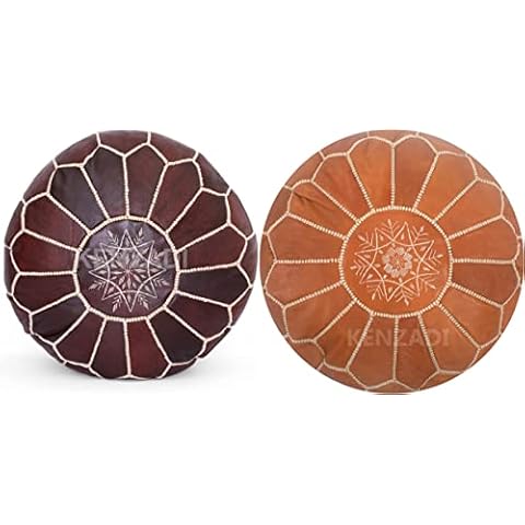 KENZADI Set of 2 Moroccan Leather Poufs Bundle Dark Brown & Tan Hand Made in Marrakech Morocco Cover