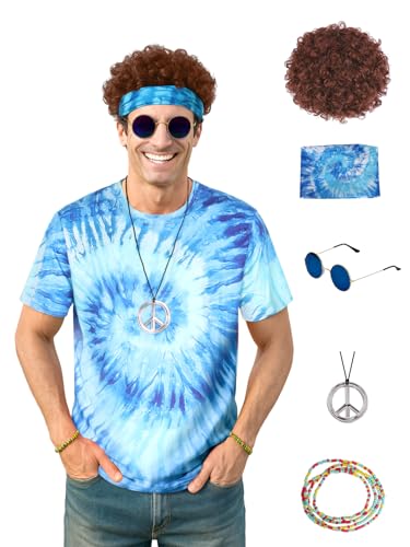 Treature Hippie Costume for Men 60s 70s Outfits for Men Tie Dye Shirt Set Fringe Carnival Vest Wig Tie Dye Headband for party (Blue 6Pcs set, L)