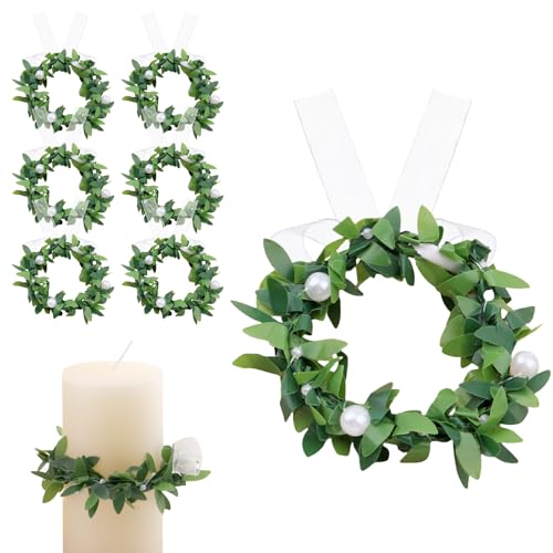 GWAWG Velas antigoteo para comunión, 6 unidades, anillos de vela con perlas y hojas, 4-5 cm, coronas decorativas para primera comunión, bautizo, boda, decoración de boda, para niños y niñas