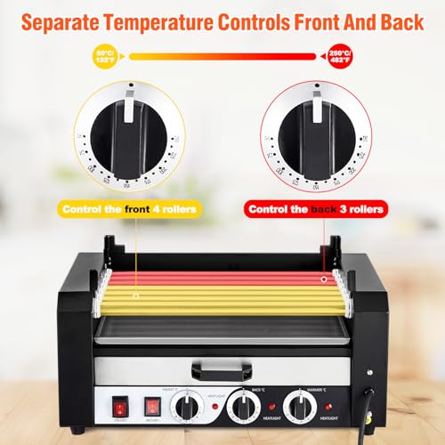 Hot Dog Roller, 7 Rollers 18 Hot Dogs Capacity 1350W Stainless Sausage Grill Cooker Machine with Removable Oil Drip Tray Dual Temp Control and Glass Hood Cover, Perfect for Commercial and Party