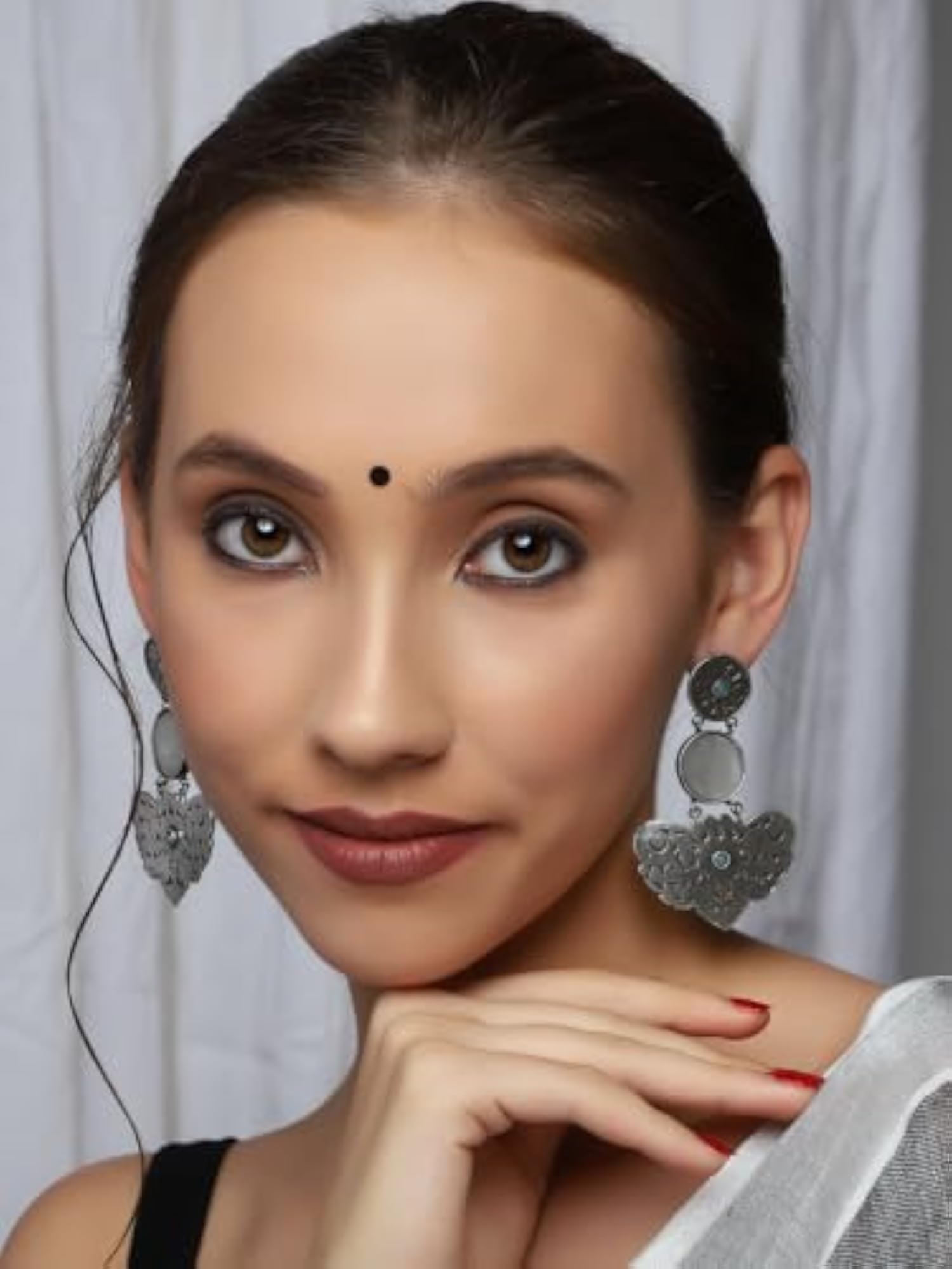 92.5 Silver Plated Oxidised Long Earrings in Grey