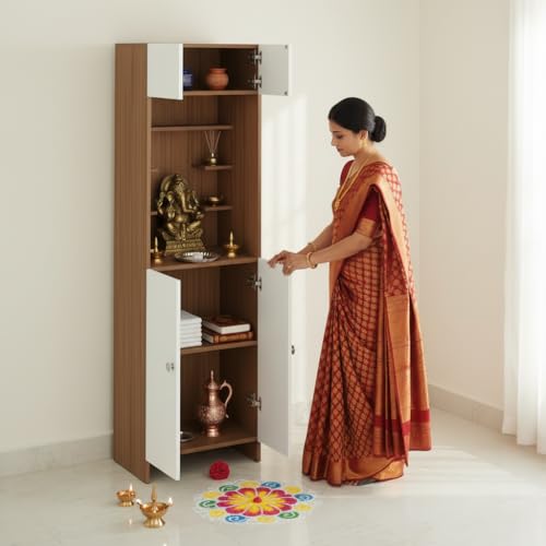 Image of FURNEASER Shivika Engineered Wood Pooja Mandir for Home | Modern Design Temple for Home & Office | Puja Stand Shelf | Prayer Cabinet Shelf (Exotic Teak & White)