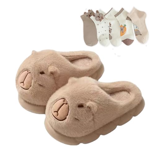 Capybara Slippers for Women With 5 Pcs Cute Socks Plush Cartoon Slide Sandals Fuzzy Indoor Outdoor Cozy House Shoes