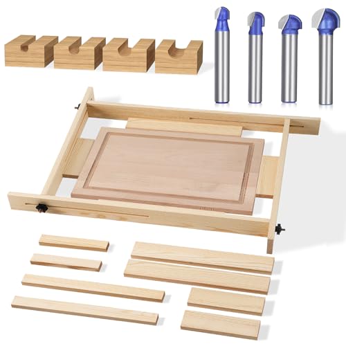 CroBlissful Juice Groove Router Jig 8 Spacers 4 Pcs 1/4 Shank Round Nose Cove Box Router Bit Adjustable Wooden Juice Groove Jig for Cutting Board Up to 22 x 29 Making Square Recesses(Light Brown)