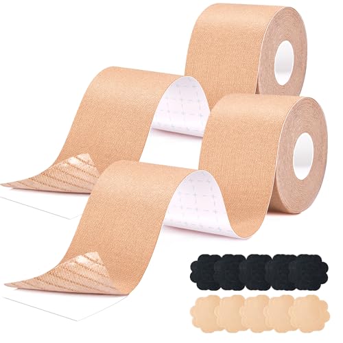 Boobytape - Cinta para levantamiento de senos, 2 unidades, cinta para pechos grandes, cinta invisible para el cuerpo, kit de cinta de pecho con cubierta de pezón (piel y nude/3 pulgadas)