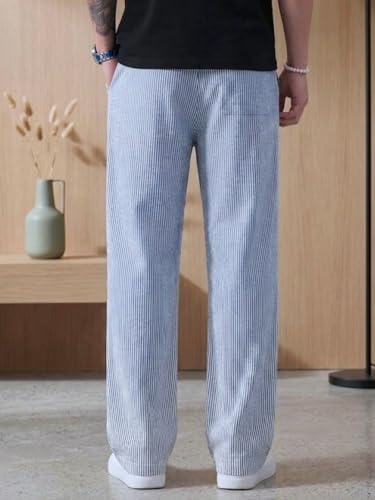 Image of Men's Casual Striped Trouser | Relaxed Fit Drawstring Pants for Men | Elastic Waist Straight Fit Lounge Trousers | Lightweight Summer Cotton Bottoms | Comfortable Daily, Beach, Travel Pants