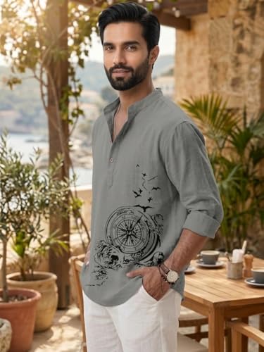 Image of DEELMO Men's Cotton Blend Mandarin Collar Self One Design Full Sleeve Casual Short Kurta