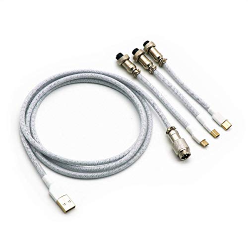 Double Sleeved Custom Keyboard Cable with Aviator Connector, Fits Type-c, Micro USB, and USB-Mini Mechanical Keyboards (White)