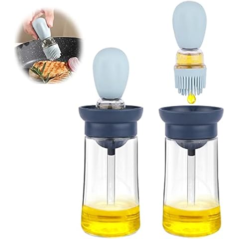 FARI Glass Olive Oil Dispenser Bottle with Silicone Brush 2 in 1 for Kitchen Cooking Frying Baking BBQ Pancake (1, Blue) Cover