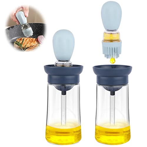 FARI Aceitera dispensadora de vidrio con brocha de silicona 2 en 1 para cocina, freír, hornear, barbacoa, tortitas (1 unidad, color azul)