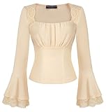SCARLET DARKNESS Bluse Damen Langarm Mittelalter Kleidung Renaissance Quadratischer Kragen Trachtenbluse Spitzen Oberteile Aprikose M