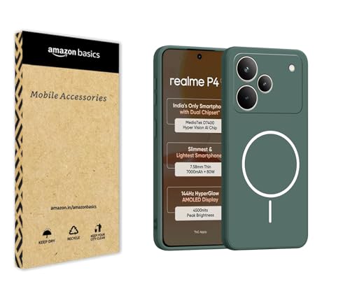 Image of amazon basics Back Cover for Realme P4 5G | Ultra Slim Soft Rubberised Case | Magsafe Logo Printed (Not Magsafe Compatible) | Camera Protection - Green