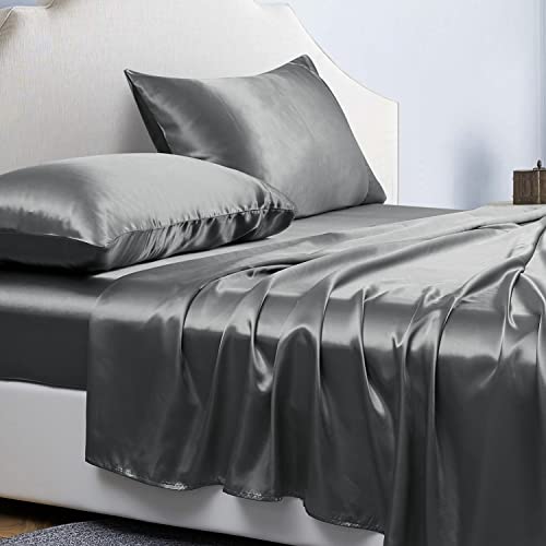 Jemiipee Juego de Sabanas de 4 Piezas Raso Cama 150 Color Sólido 150x200 cm para Colchón de hasta 36 cm de Altura - Sábana Bajera Ajustable, Encimera y 2 Funda de Almohada - Gris Oscuro