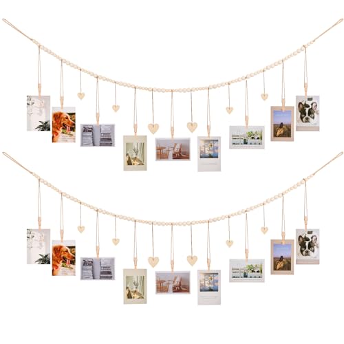 Hanging Photo Display Room Wall Decor, Boho Collage Picture Frame Christmas Cards Holder, Photo Hanger with 9 Wood Clips and 6 Wooden Hearts Tags for Home, Bedroom, Office, Nursery, Dorm Decor, 2 Pack